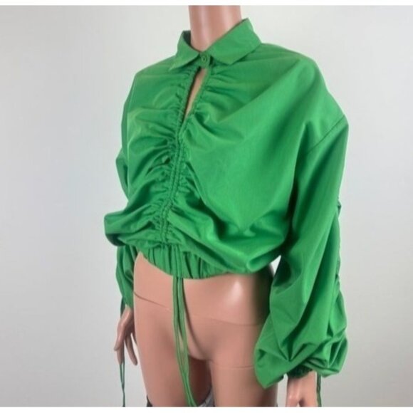 Women's Love, Highlight Ruched Long Sleeve Green Cropped Collared Shirt Small - Picture 3 of 14